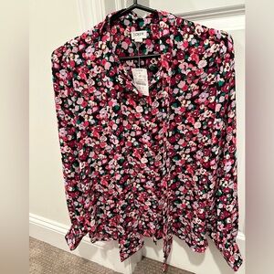 J. Crew Red and Pink Tie Front Blouse